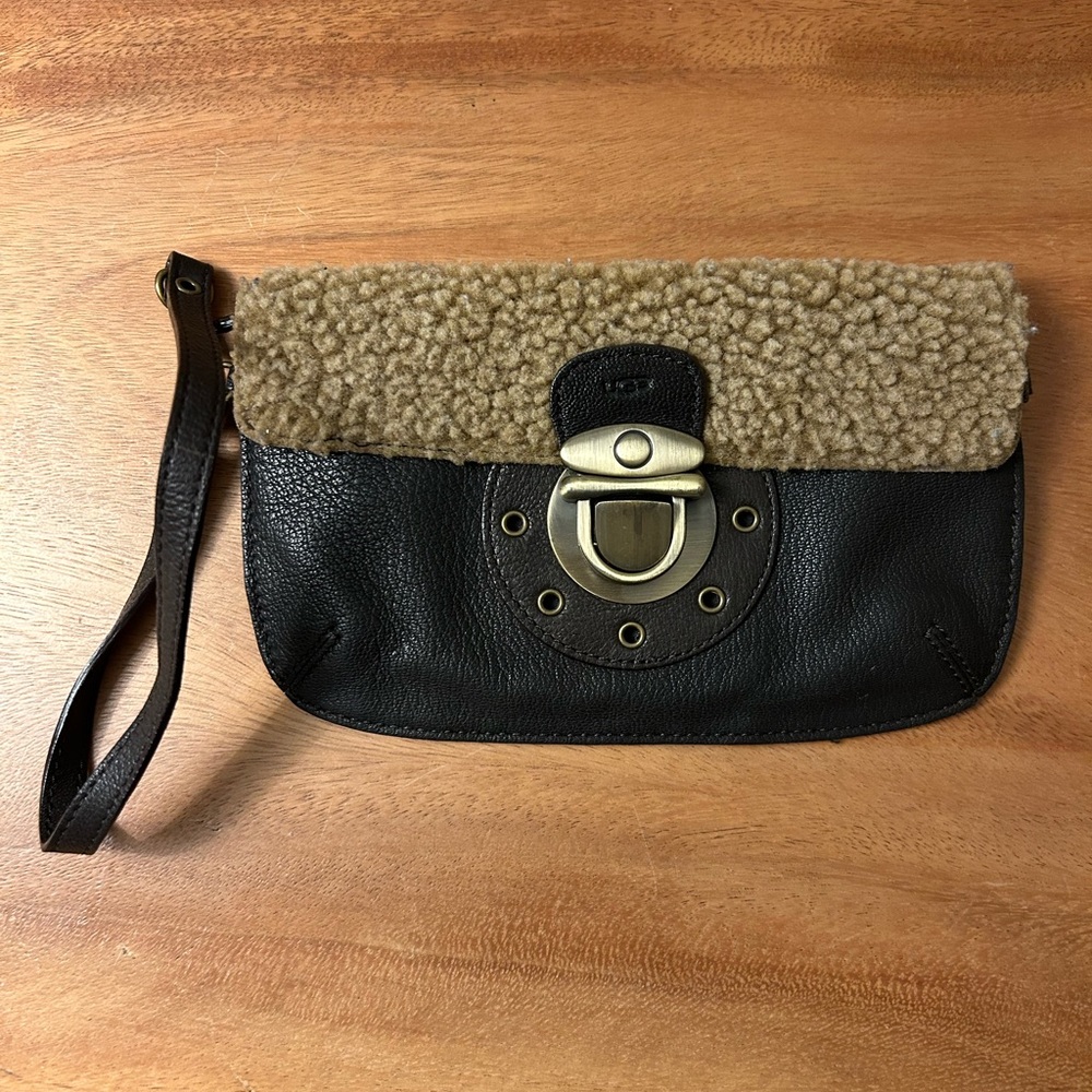 UGG Brown Leather & Shearling Wristlet Clutch